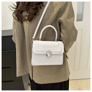 Detailed close-up of white crocodile pattern leather handbag with silver round metal lock