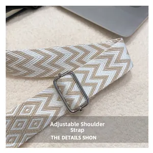 Detail of adjustable woven canvas strap with geometric patterns and metal buckle