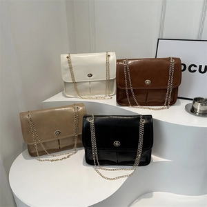 Vintage PU Leather Shoulder Bag With Golden Chain Strap Flap Turn-Lock Crossbody Bag For Women Simple Commute Fashion