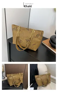 Detail of khaki tote bag with leopard print texture and golden chain strap for women