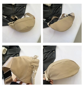 Detailed four-way views of a khaki nylon waist bag with durable buckles and woven zippers