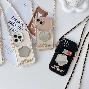 Custodia Per Telefono Tracolla Pelle PU Con Portacarte Specchio Fiore Strass Love Catena Metallo Per Donna Moda