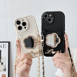 Custodia iPhone con specchio floreale, strass e catena a tracolla in metallo rimovibile