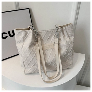 Detail of white quilted tote bag featuring textured fabric and silver chain strap