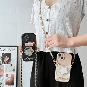 Custodia iPhone a tracolla con specchio a fiore, porta carte e scritte Love dorate