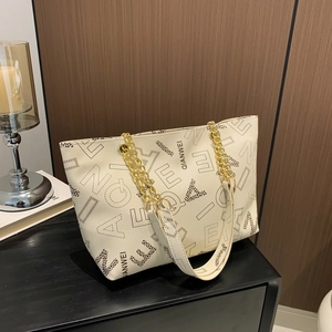 Elegant cream leather tote bag with stylish letter print and golden chain strap for women