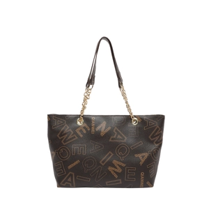 Vintage brown tote bag with letter print and gold chain strap on white background