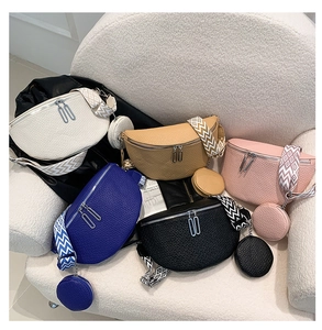 Detailed set of multi-color crossbody moon bags with woven straps and coin purses