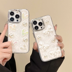 Künstliche Perle Herz Schleife Handyhülle TPU Weiche Hülle Galvanisierter Rahmen Glänzend Elegant Modisch