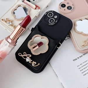 Custodia iPhone in pelle con specchio a fiore, strass Love e slot per porta carte