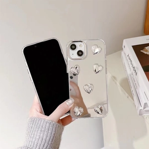 Coque de téléphone miroir argentée pour iPhone avec cœurs métalliques en 3D