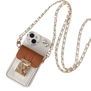 Crossbody wallet case for iPhone with gold clasp and chain strap on white background