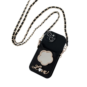 Custodia iPhone nera in pelle con specchio floreale, strass Love e catena a tracolla