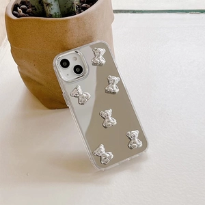 Mirror iPhone case with 3D silver bears and shockproof soft edges on light background
