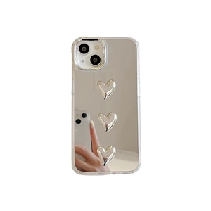 Silver mirror phone case with three 3D hearts for iPhone, stylish vanity mirror cover