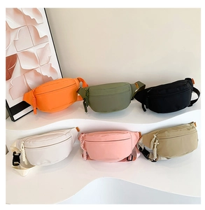 Waterproof nylon crossbody bags in six colors arranged on a modern display stand
