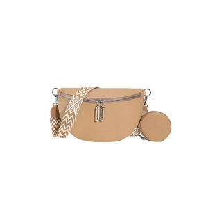 Chic camel crescent crossbody bag with geometric jacquard strap and mini coin purse