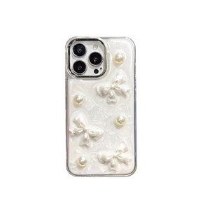 Perlmuttweiße iPhone-Hülle mit 3D-Schleifen und Perlen für iPhone 16 15 14 Pro Max