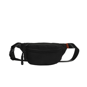 Minimalist black nylon crossbody chest bag with adjustable strap and orange side label