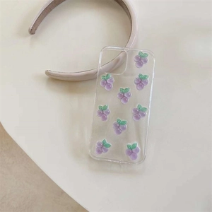 Transparent iPhone case with 3D purple grape design and subtle glitter finish
