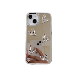 Coque de téléphone miroir pour iPhone avec cœurs argentés 3D et texture métallique