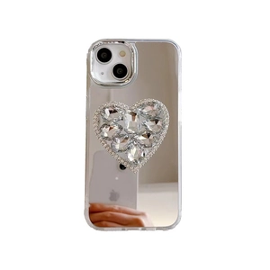 Luxury mirrored iPhone case with sparkling diamond heart grip and brilliant crystal finish