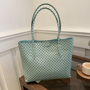 Grand sac cabas bleu clair avec motif circulaire géométrique et longues anses fines
