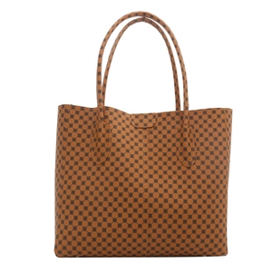 Classic tan tote bag with geometric circular patterns and long shoulder straps