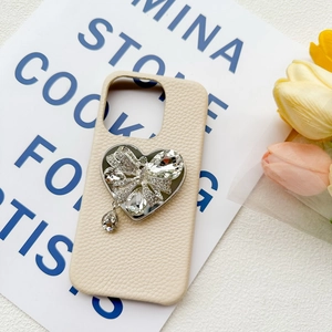 Litchi pattern phone case with luxury heart rhinestone bow and telescopic air bag stand