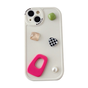 Chic iPhone 16 Pro Max case with mixed 3D charms including heart and pearl accents