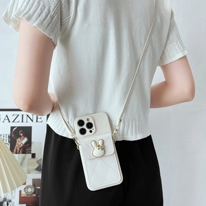 White quilted leather iPhone case with cute rabbit wallet and crossbody shoulder strap