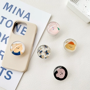 Expandable Round Phone Grip Tok Cartoon Bear Peach Pattern Crystal Glass Resin Mobile Stand Desktop Folding Support