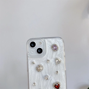 Macro detail of wave texture on sparkling rhinestone iPhone case with colorful gems