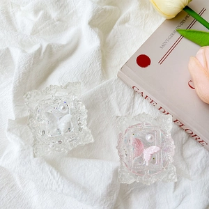 Detail of transparent square butterfly phone grip with vintage embossed relief frames