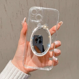 Glitter transparent iPhone case with diamond mirror and sparkling bowknot decoration