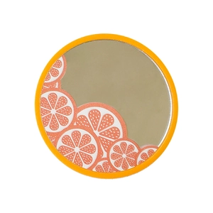 Portable round makeup mirror featuring orange fruit design with a vibrant foldable phone stand