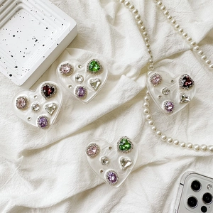 Colorful rhinestone heart-shaped phone socket grip with sparkling crystal gemstones