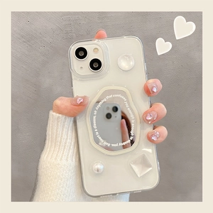 Irregular mirror phone case with pearls for iPhone 16 Pro Max, stylish clear shell