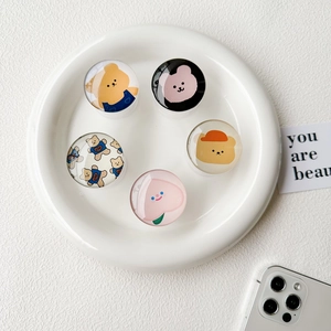 Set of five crystal round phone grips featuring cute bear and peach illustrations
