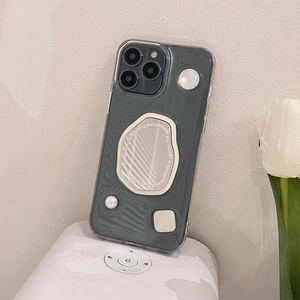 Detailed view of translucent grey iPhone case with irregular mirror and text print