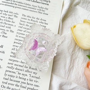 Detail of a square acrylic phone grip with a purple butterfly and white pearl ornament