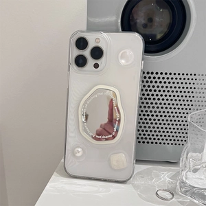 Detail of iPhone case with irregular mirror, pearl accent, and marble texture block