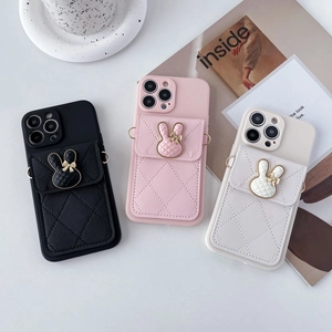 Diamond quilted leather wallet phone case with rabbit charm and crossbody strap for iPhone