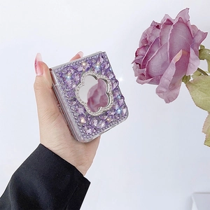Luxury purple rhinestone phone case for Samsung Z Flip 4 with clover mirror and floral gems