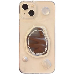 Chic iPhone case with irregular mirror pearl details and resin stones on beige surface