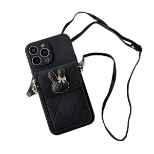 Quilted black iPhone case with rabbit card wallet and adjustable crossbody shoulder strap