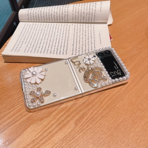 Luxury transparent Samsung Z Flip case with 3D pearls, flowers and rhinestone crown