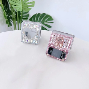 Luxury rhinestone phone case for Samsung Z Flip 4 with heart mirror and bear design