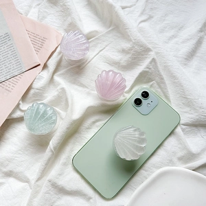 Phone Grip Stand Glitter Resin Shell Shape Telescopic Expanding Socket Holder For Mobile Devices Korean Ins Style Girly
