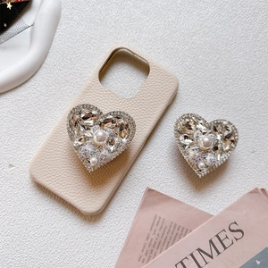 Luxury Heart Phone Grip Stand Rhinestone Faux Artificial Pearl Alloy Folding Airbag Mobile Desktop Support Korean INS Style Women